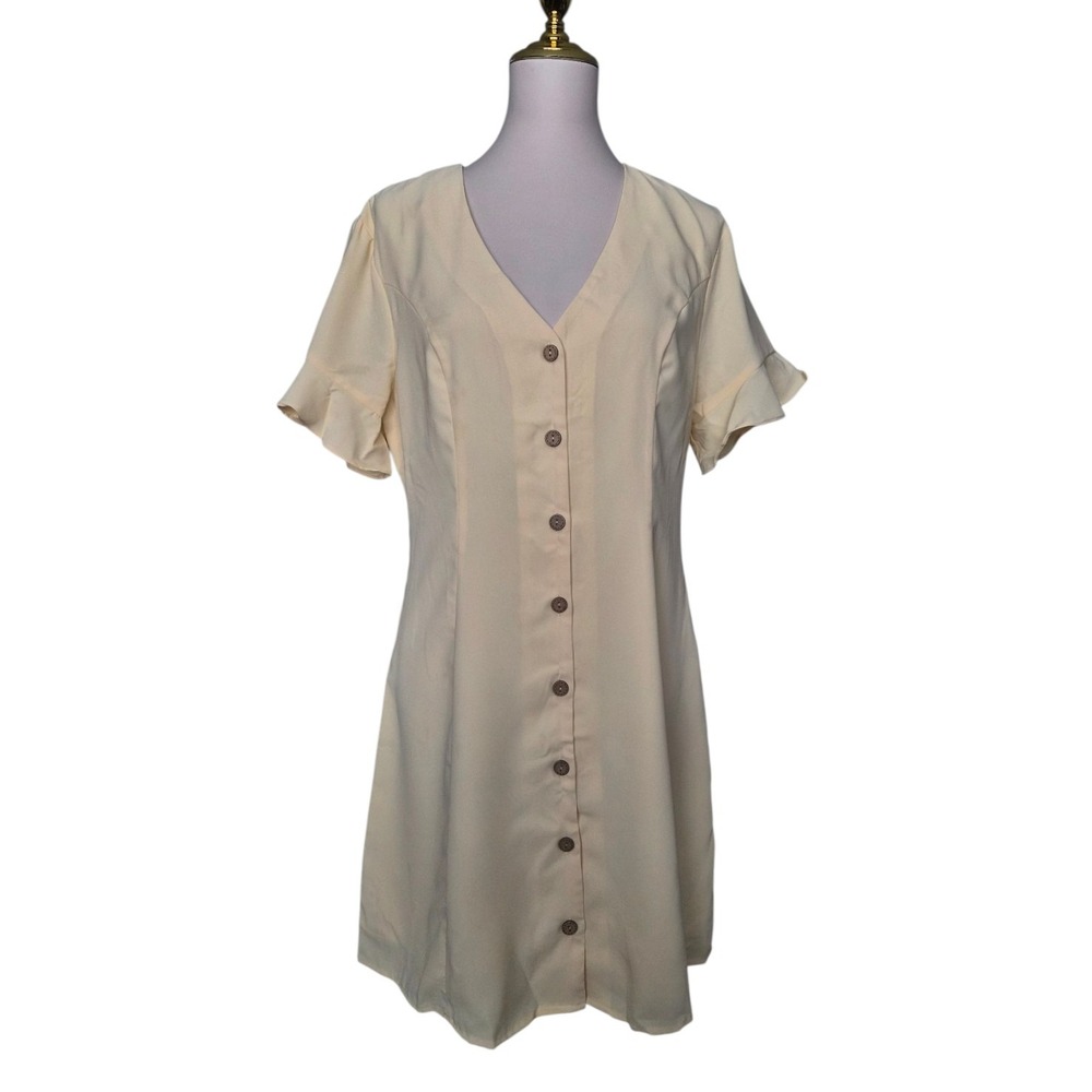 Rihoas Butter Yellow Button Front Mini Dress Short Sleeve Lined V Neck Size L...